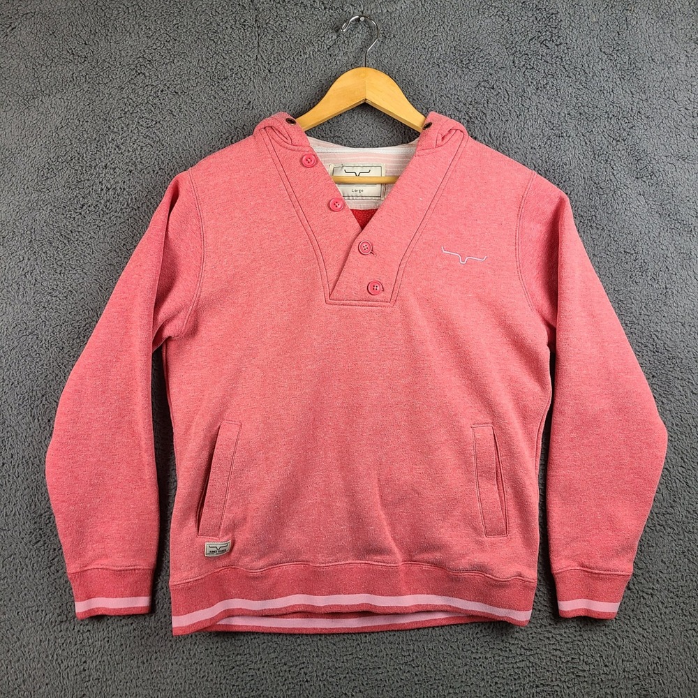 Kimes Ranch Womens Hoodie Large Coral Pink Heather Button Henley Western Logo